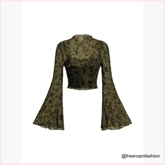 Mesh Crop Top Long Bell Sleeve Floral Print Slim Fit Summer Top - Picture 4 of 6